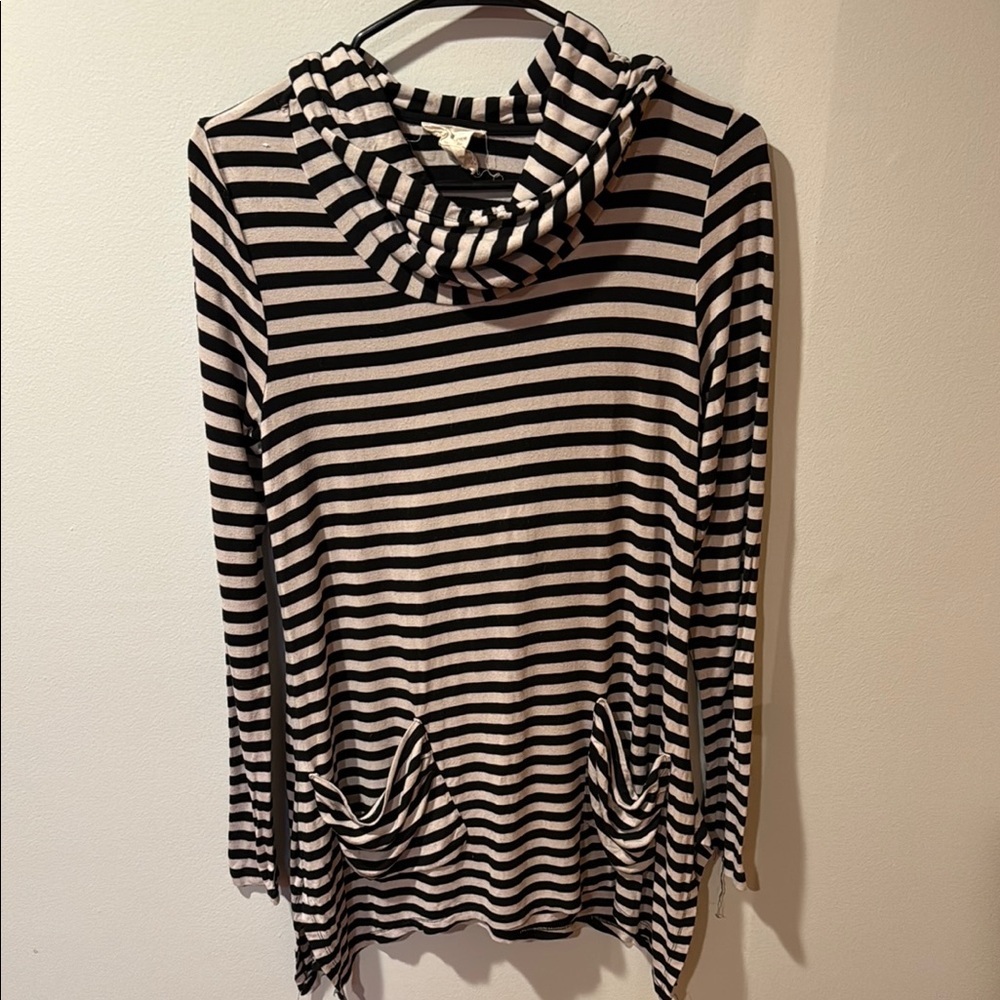 Andrea Jovine Womens Hooded Tunic Size S Black & Beige Striped Lagenlook